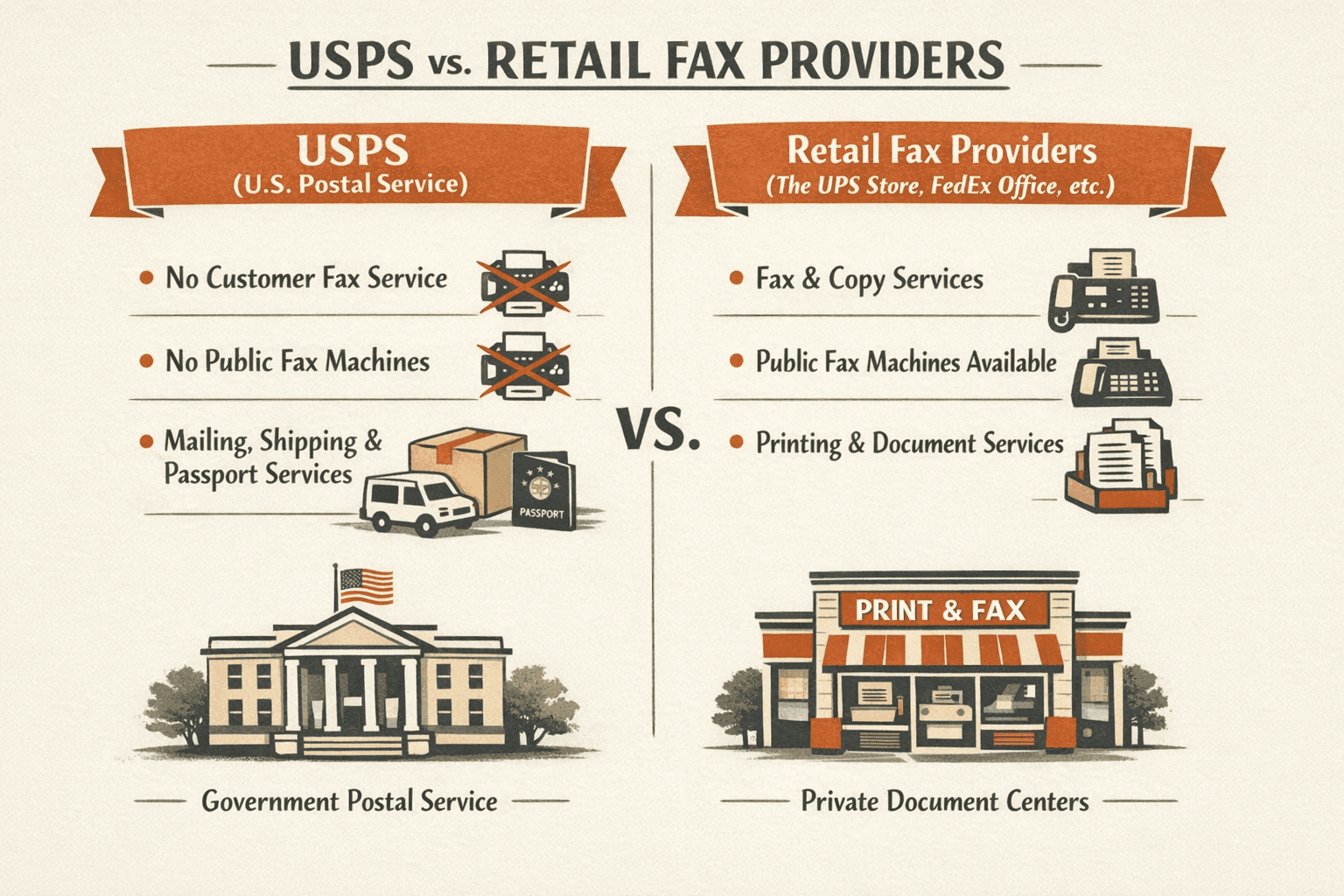 a side-by-side comparison infographic showing USPS versus retail fax providers