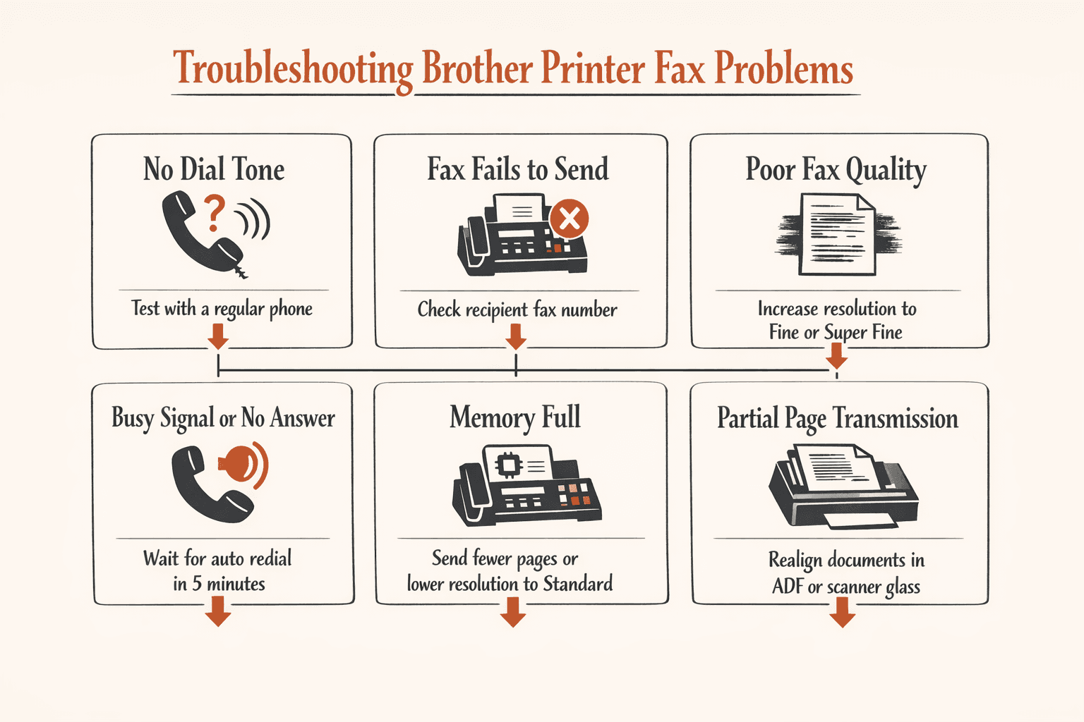 a troubleshooting decision-tree infographic for common Brother printer fax problems