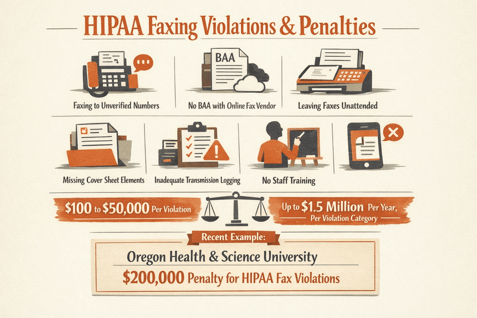 Create an infographic visualizing common HIPAA faxing violations and penalty exposure