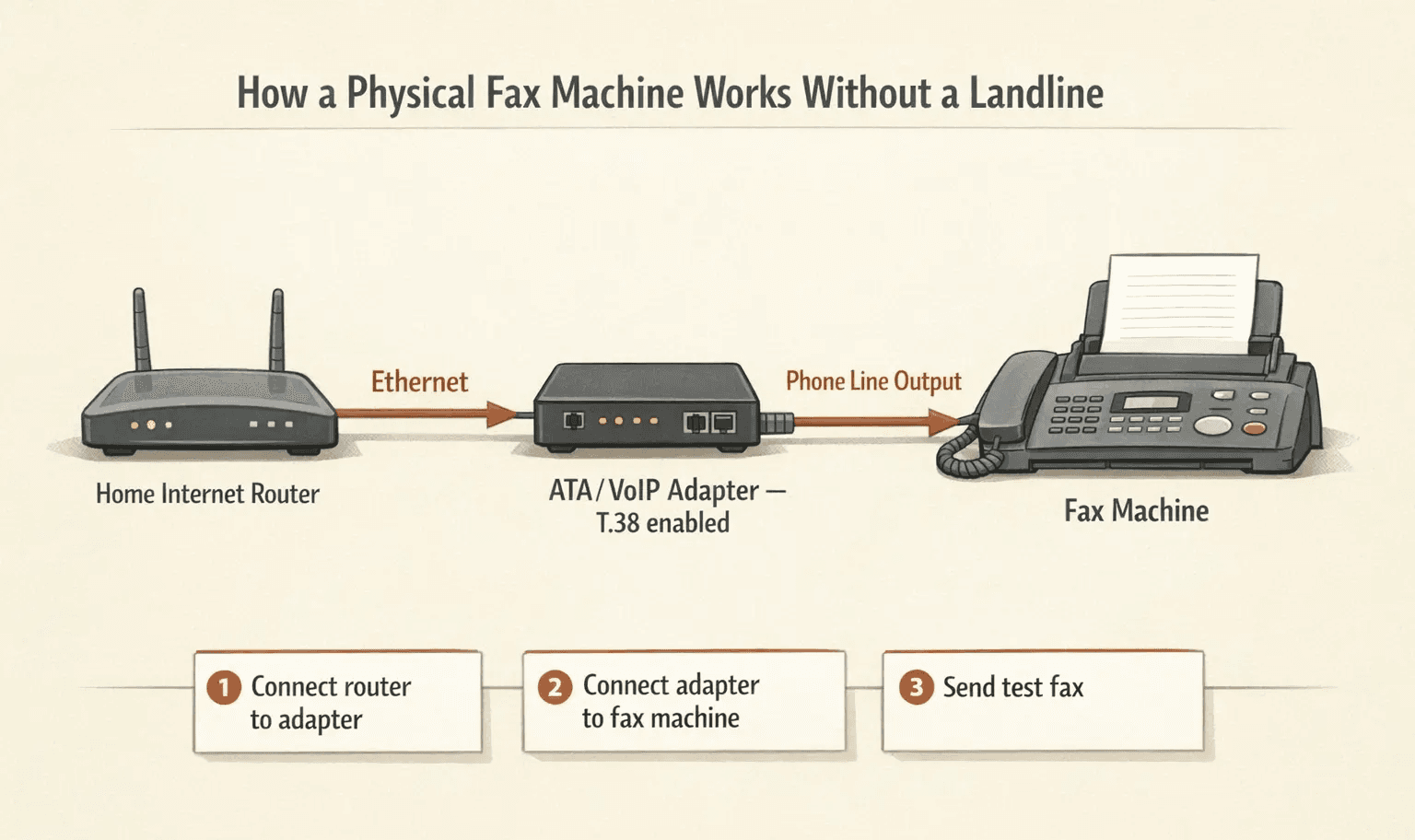 A detailed horizontal workflow diagram showing how a physical fax machine works without a landline, warm editorial infographic style