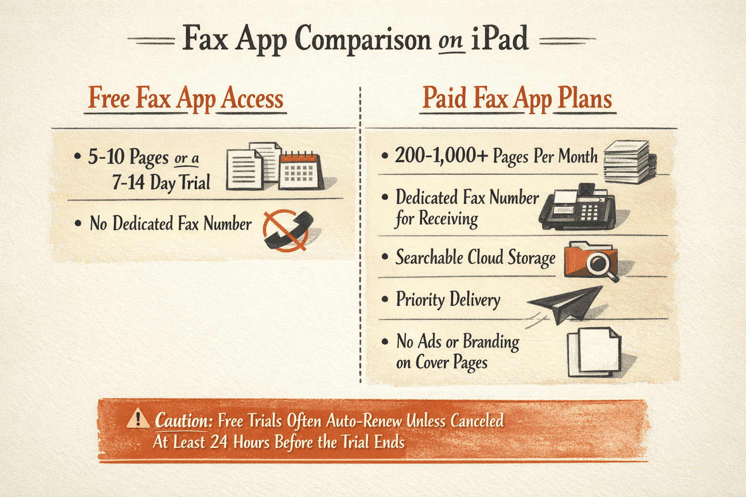 Create an infographic comparing free fax app access versus paid fax app plans on iPad