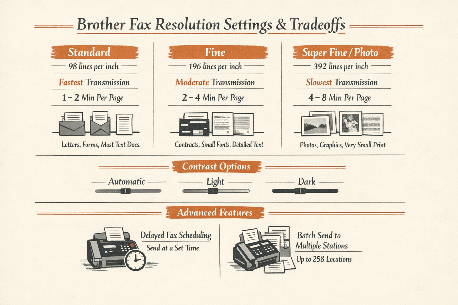an infographic explaining three Brother fax resolution settings and their tradeoffs
