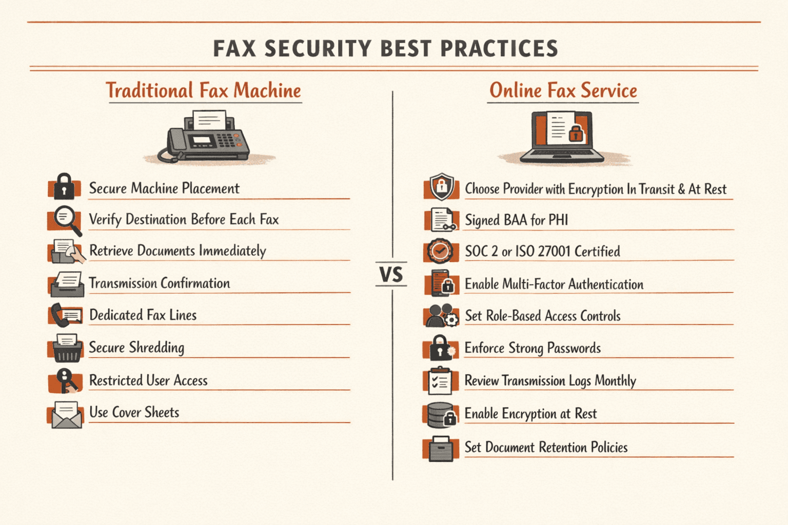 a side-by-side step-by-step infographic comparing protective measures for two fax methods
