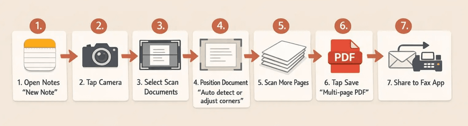 A seven-step horizontal illustrated guide for scanning in Notes and exporting to a fax app, warm editorial instructional style