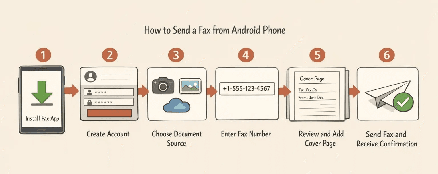 A six-step horizontal illustrated guide for sending a fax from an Android phone, warm editorial instructional style