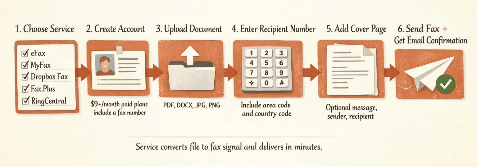 A six-step horizontal illustrated guide for sending a fax with an online fax service, warm editorial instructional style