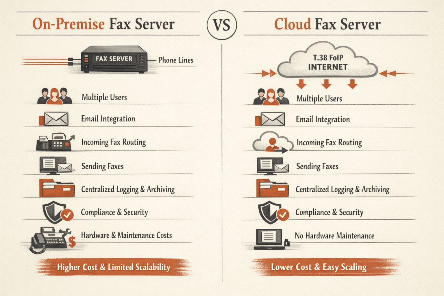 a side-by-side comparison infographic of two fax server models: on-premise fax server with a physical server in the office and phone-line connections, versus cloud-based fax server accessed over the internet using T.38 FoIP protocols