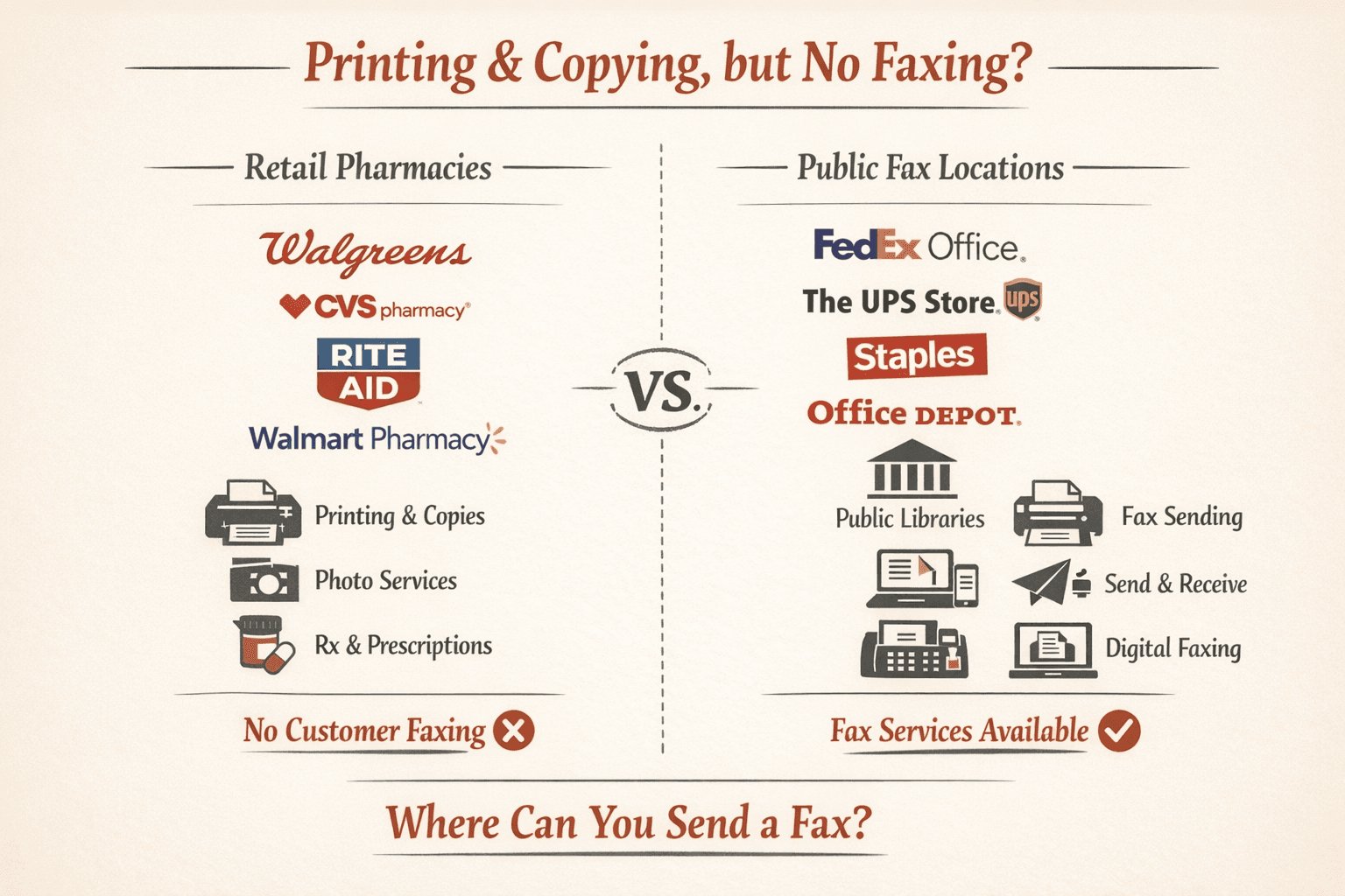 Create a comparison infographic showing customer-accessible services at retail pharmacies versus actual public fax locations