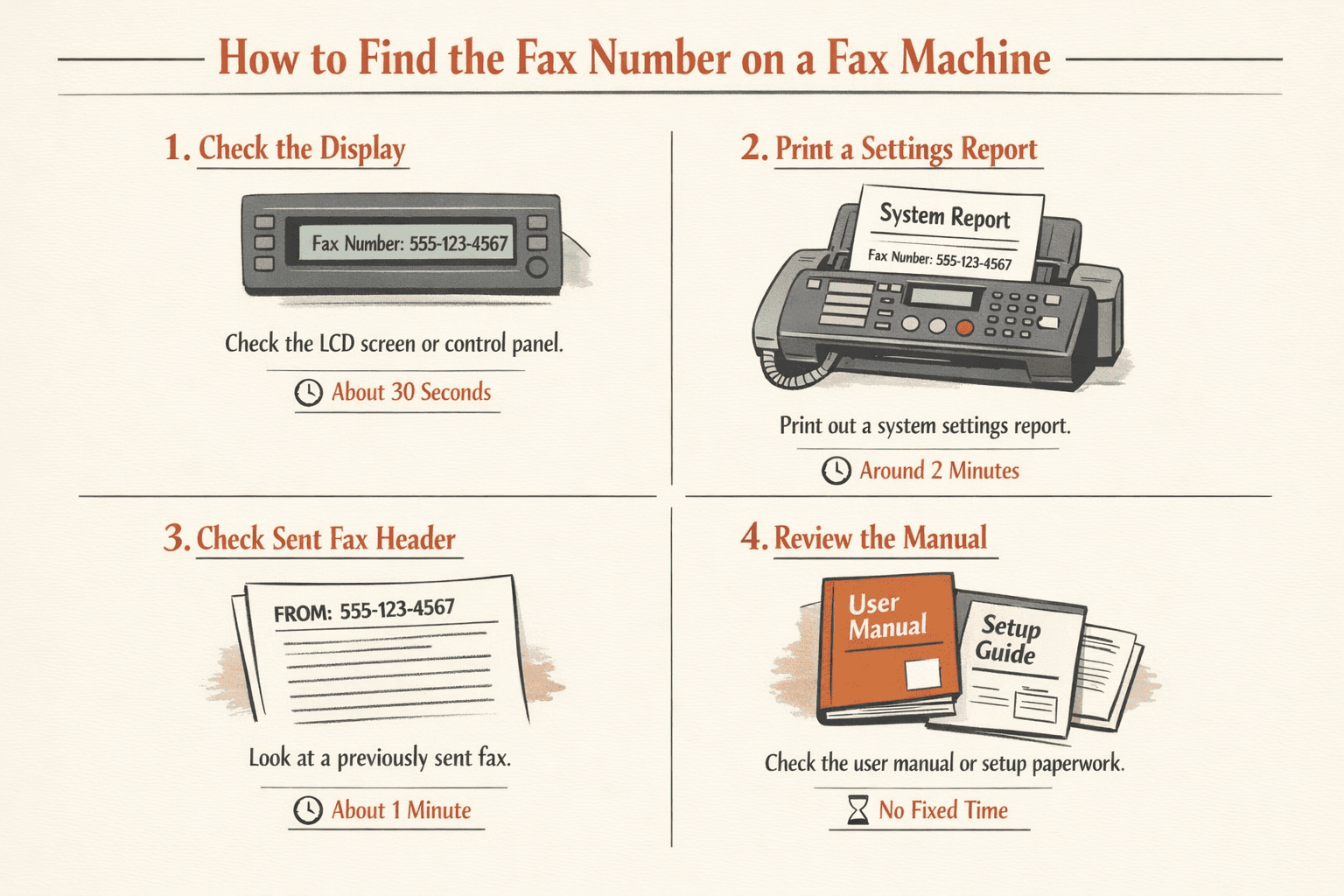 a step-by-step infographic showing four ways to find a fax number on a traditional fax machine: checking the LCD display or control panel, printing a system settings report, reading the header on a previously sent fax, and reviewing the user manual or setup paperwork