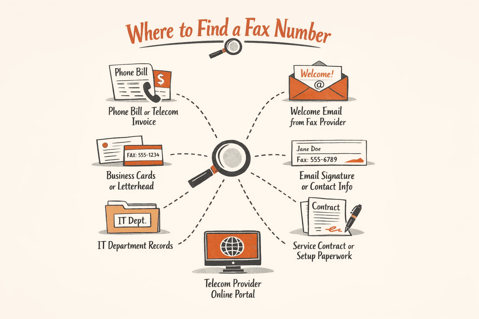 an infographic mapping seven alternative places to look for a fax number: phone bill or telecom invoice, welcome email from a fax provider, business cards or letterhead, email signature or contact info, IT department records, service contract or setup paperwork, and a telecom provider online portal