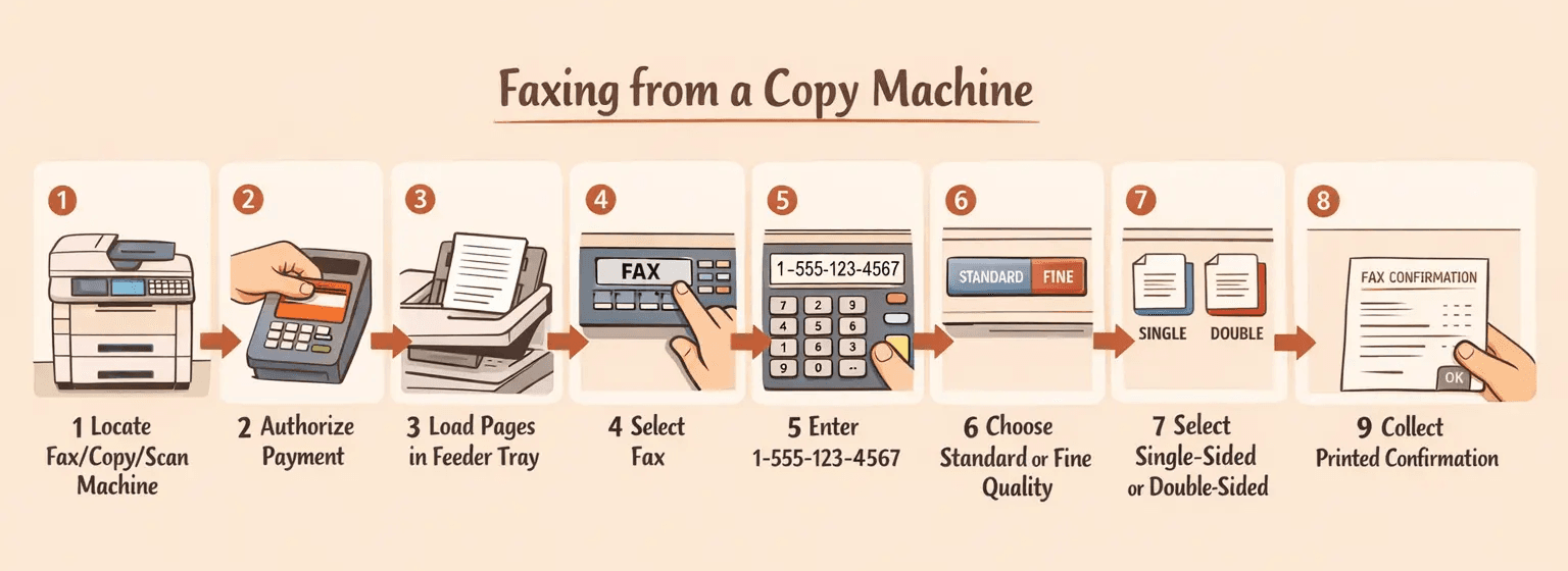 A detailed horizontal nine-step instructional diagram for faxing from a copy machine, warm editorial infographic style