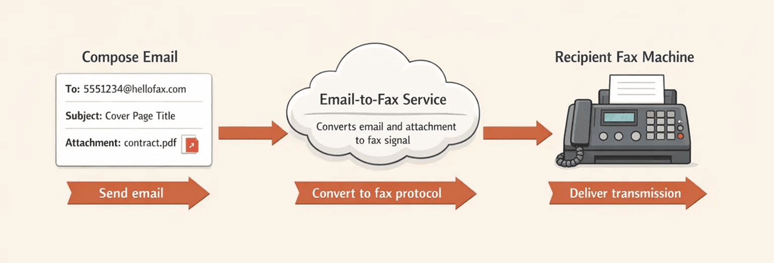 A detailed horizontal workflow diagram showing the email-to-fax process, warm editorial infographic style