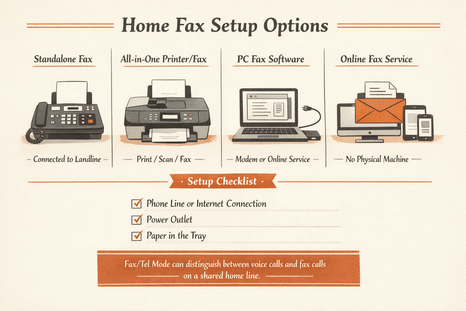 a comparison infographic showing four home fax setups side by side: standalone fax connected to a landline, all-in-one printer with fax capability, computer-based fax software using a modem or online service, and online fax service with no physical machine