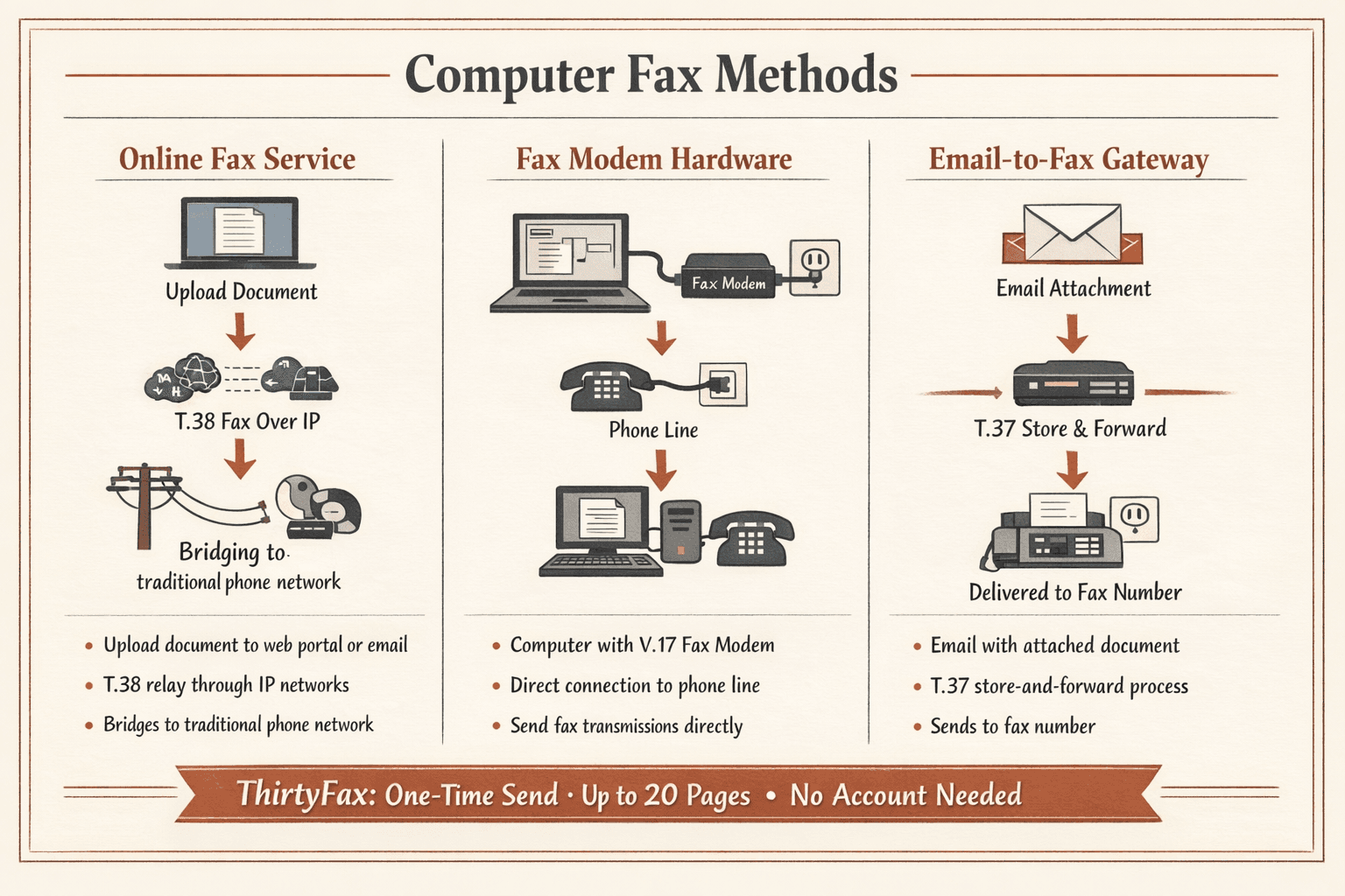 a side-by-side comparison infographic of three computer fax methods