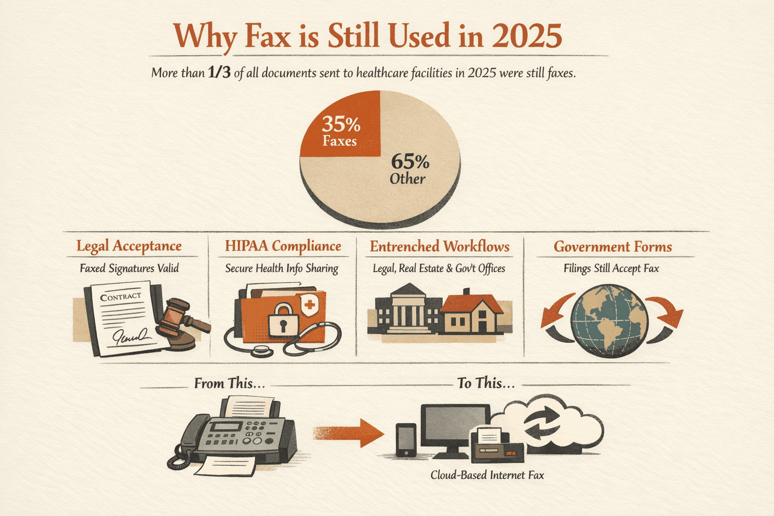 a data-driven infographic explaining why fax is still used in 2025