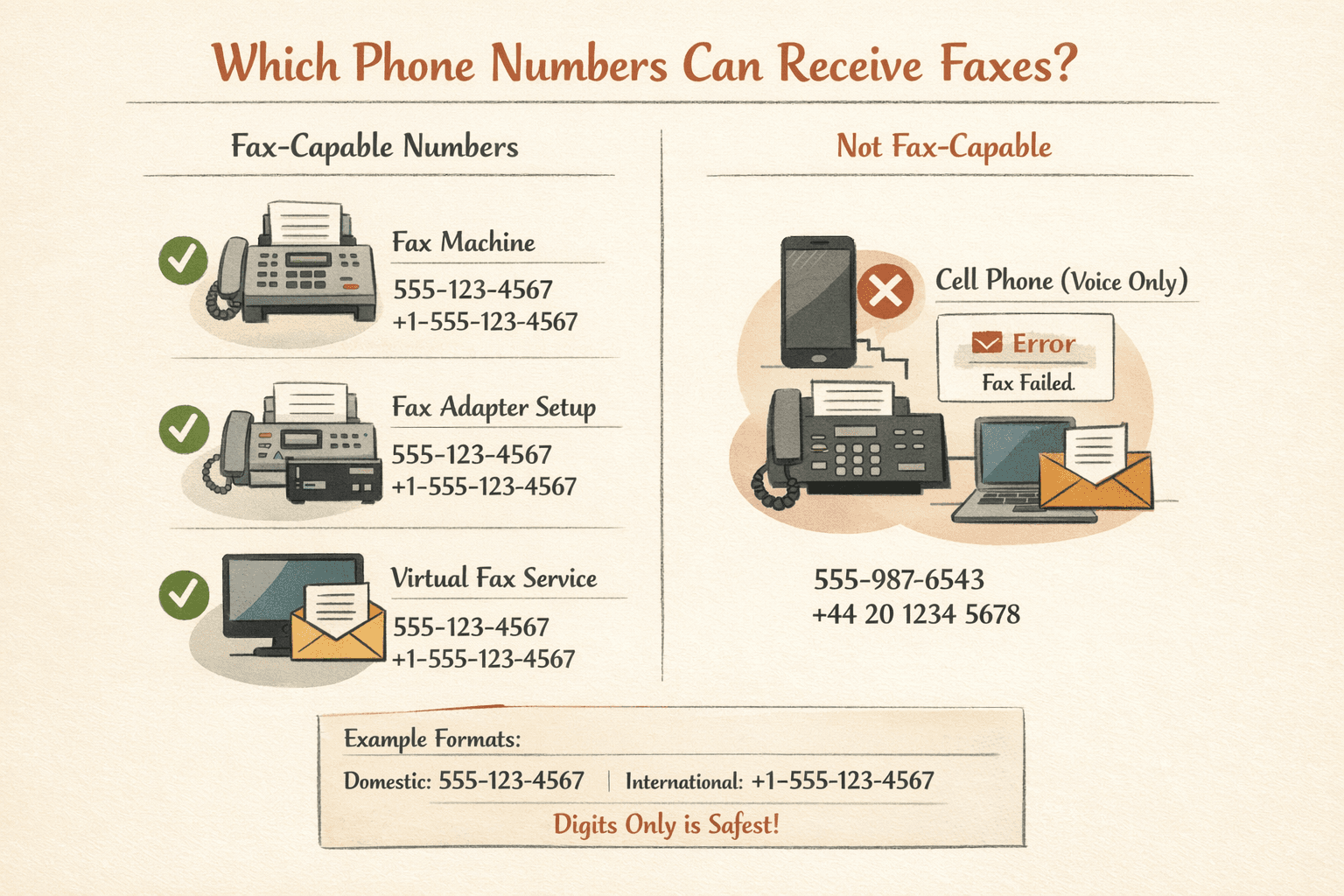 Create an explanatory comparison infographic showing which phone numbers can receive faxes and which cannot