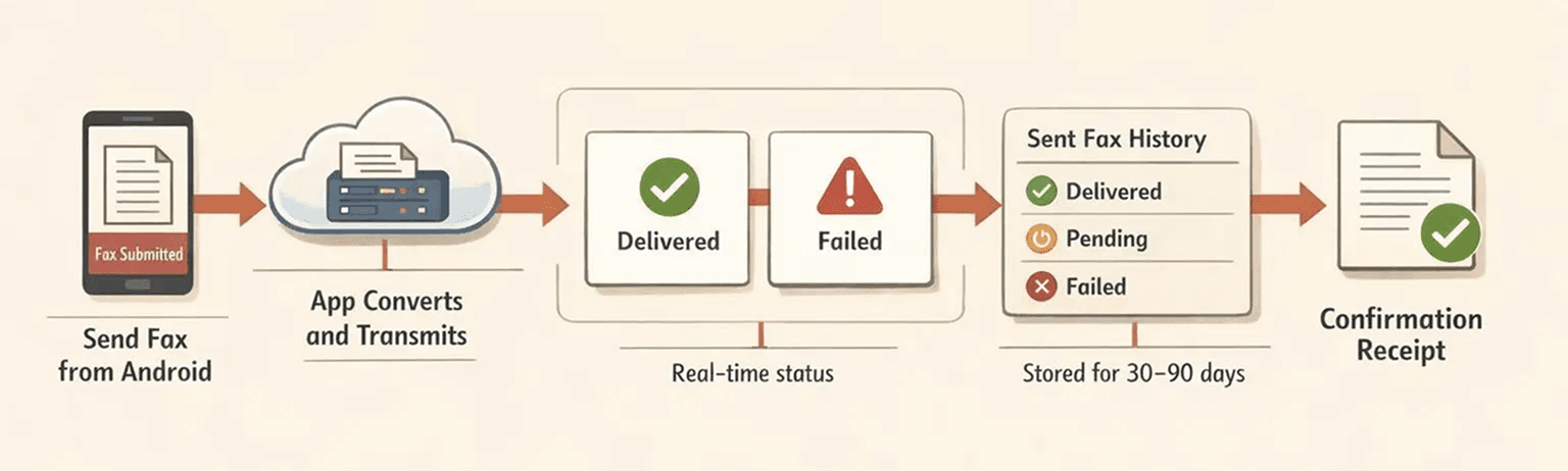 A detailed horizontal workflow diagram showing what happens after sending a fax from Android, warm editorial infographic style