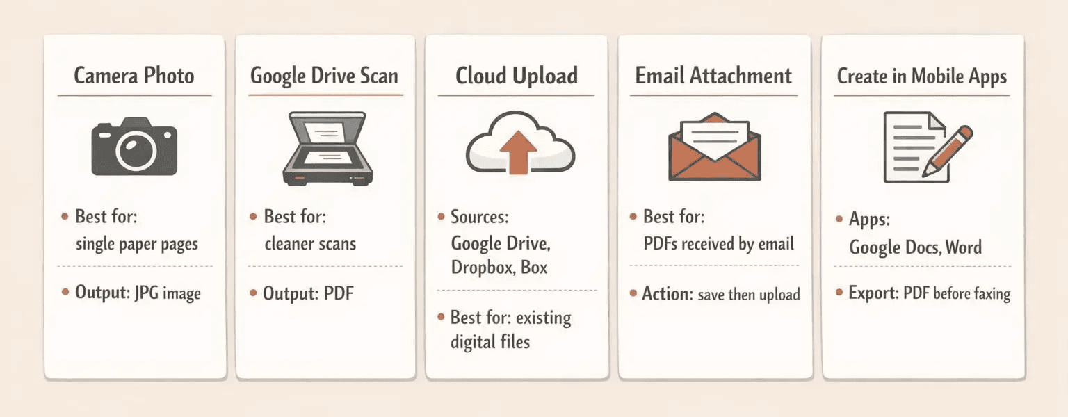A horizontal five-column comparison diagram showing document preparation methods for Android faxing, warm editorial infographic style