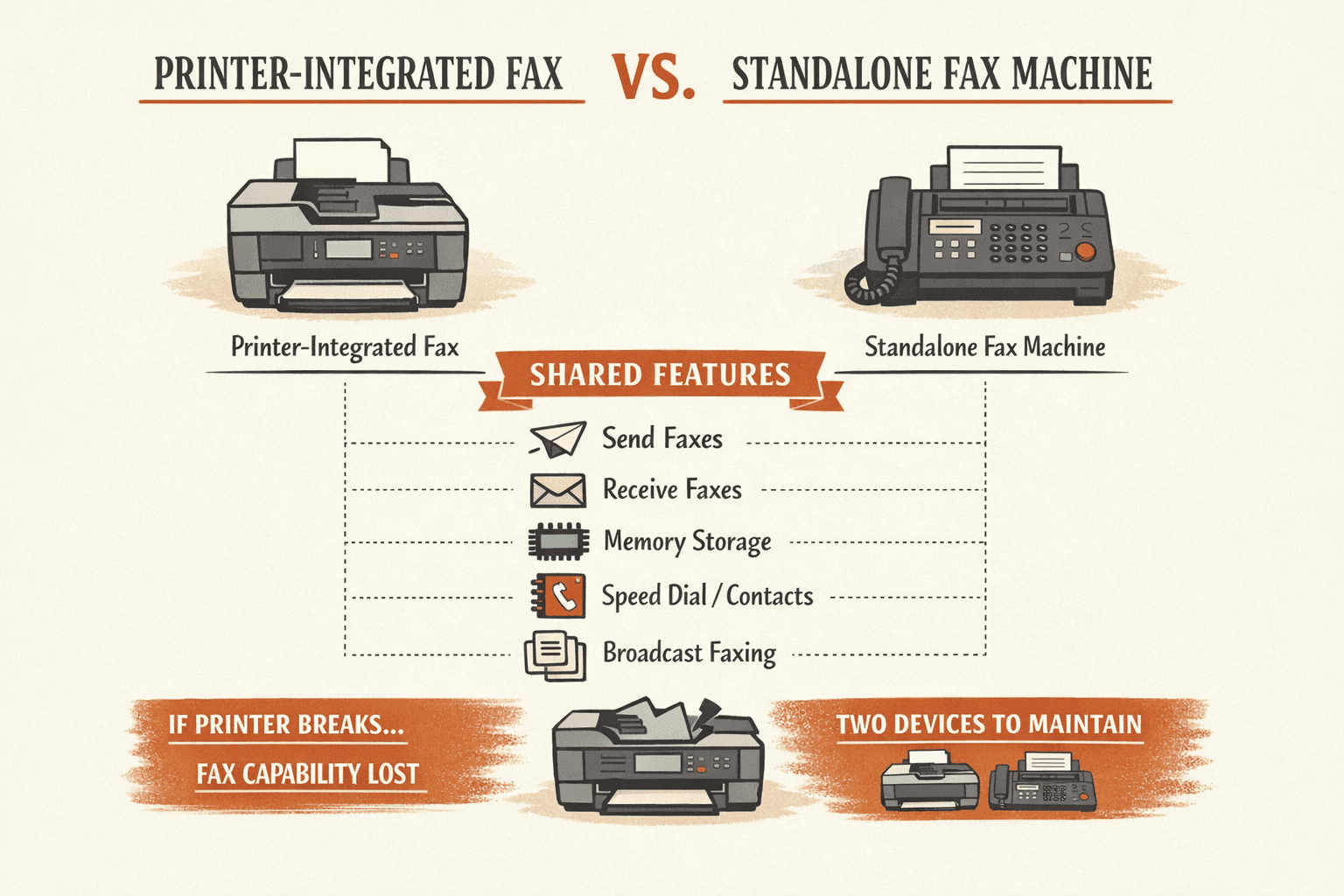 a feature comparison infographic showing printer-integrated fax versus a standalone fax machine