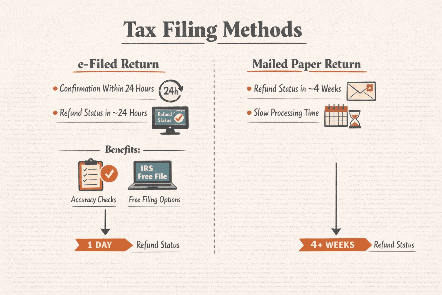 an infographic comparing the timeline and benefits of two IRS filing methods: e-filed return — confirmation within 24 hours, refund status appears around 24 hours after submission; mailed paper return — refund status appears around 4 weeks after submission