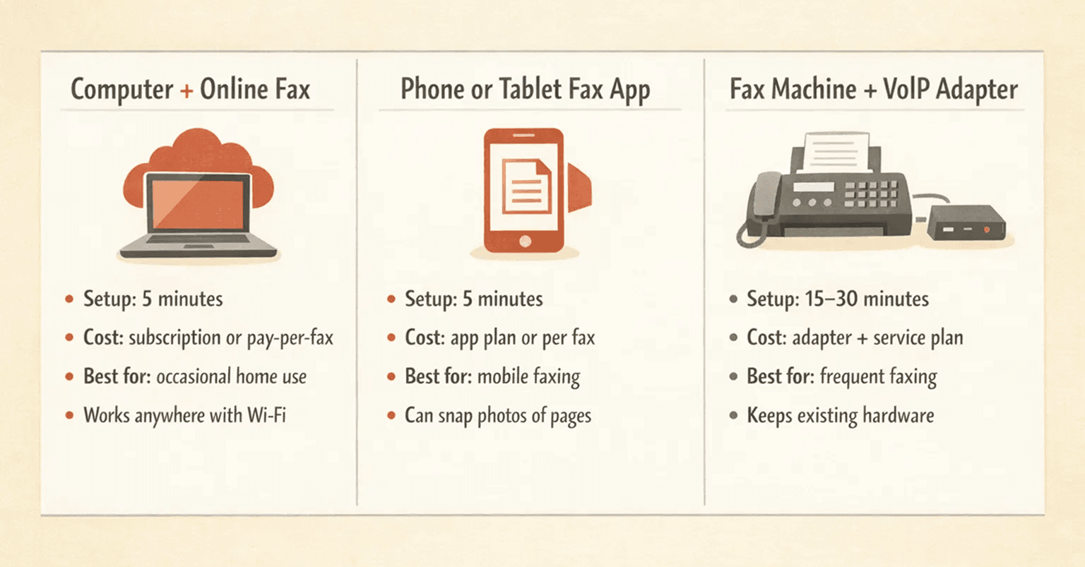 A horizontal three-panel comparison showing home faxing methods, warm editorial infographic style