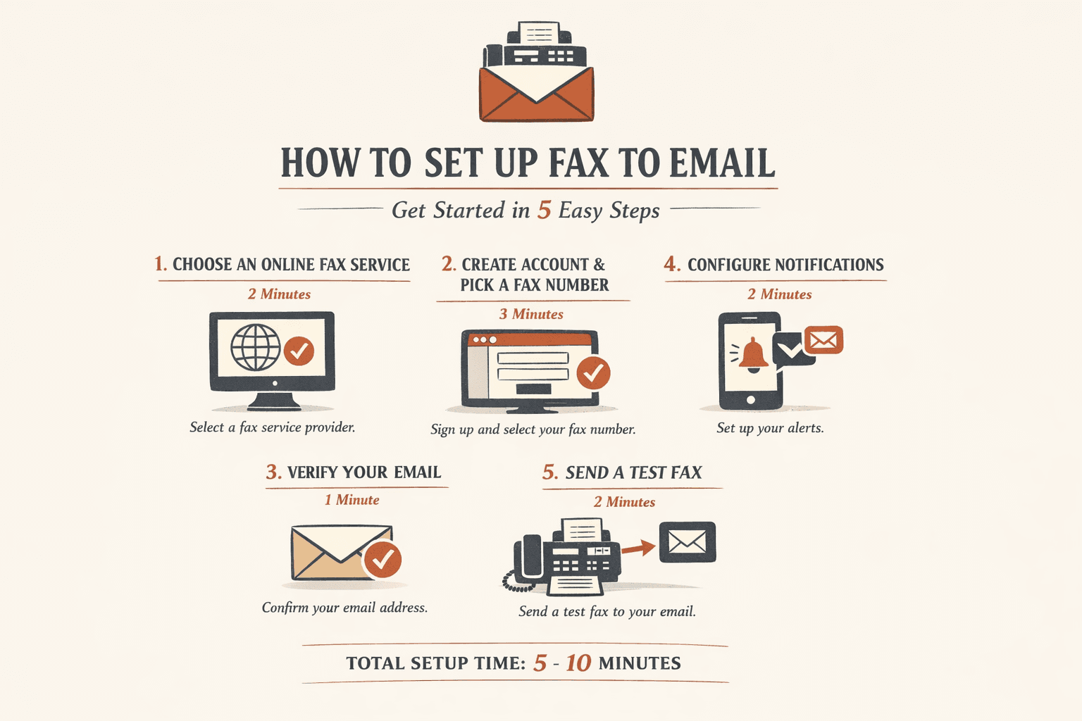 a step-by-step infographic showing how to set up fax to email in five steps: choosing an online fax service, creating an account and selecting a fax number, verifying an email address, configuring notification settings, and sending a test fax