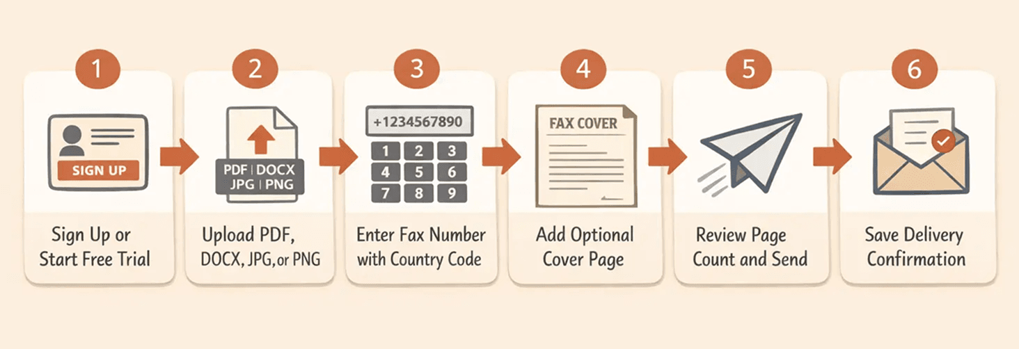 A six-step horizontal illustrated guide for sending a fax with an online fax service, warm editorial instructional style