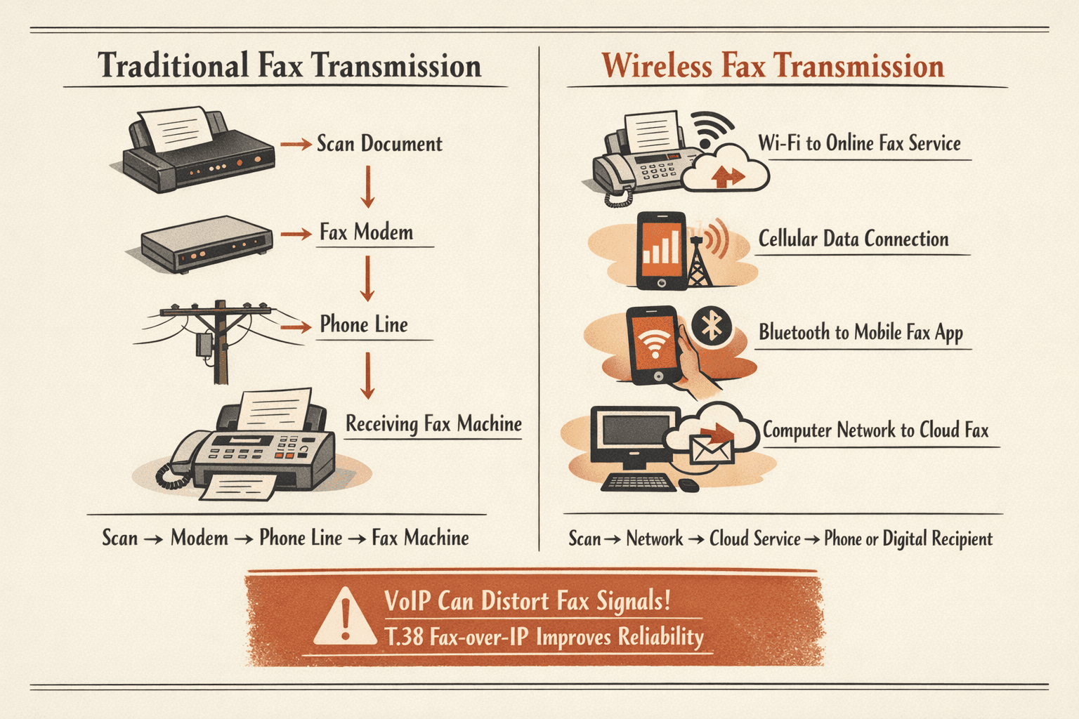 a side-by-side comparison infographic of traditional fax transmission versus wireless fax transmission