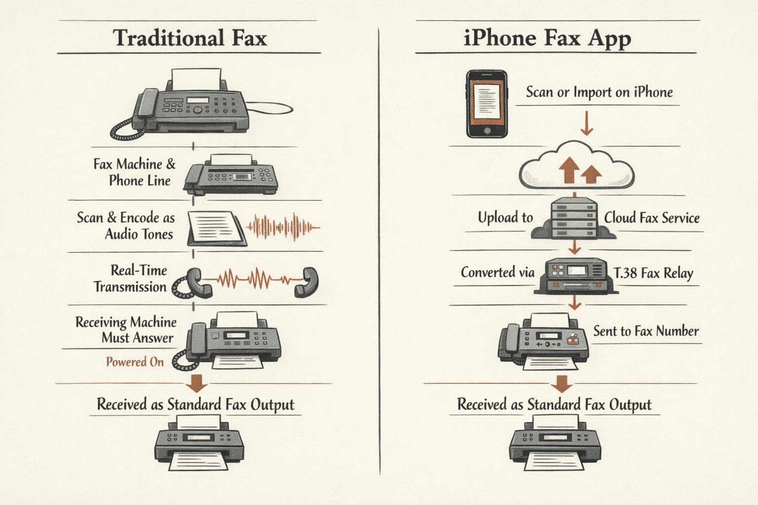 a side-by-side comparison infographic of two mobile fax methods: Traditional fax and iPhone fax app