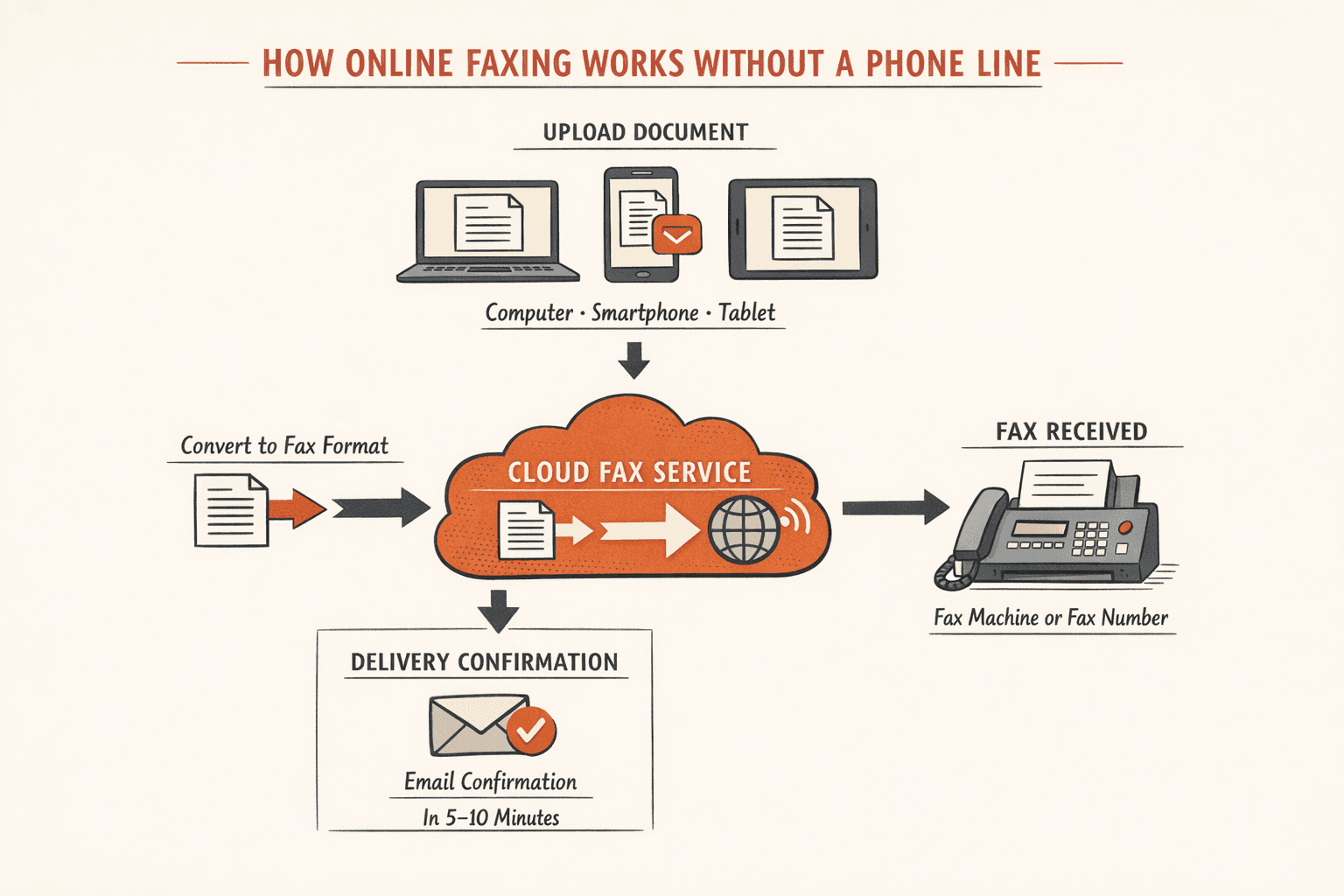 a detailed workflow infographic showing how online faxing works without a phone line, from a user uploading a document on a computer, phone, or tablet, to the cloud fax service converting the file to fax format, to the recipient receiving it on a fax machine or fax number