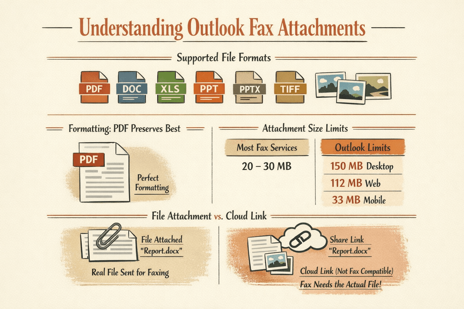 Create an informational infographic explaining Outlook fax attachments