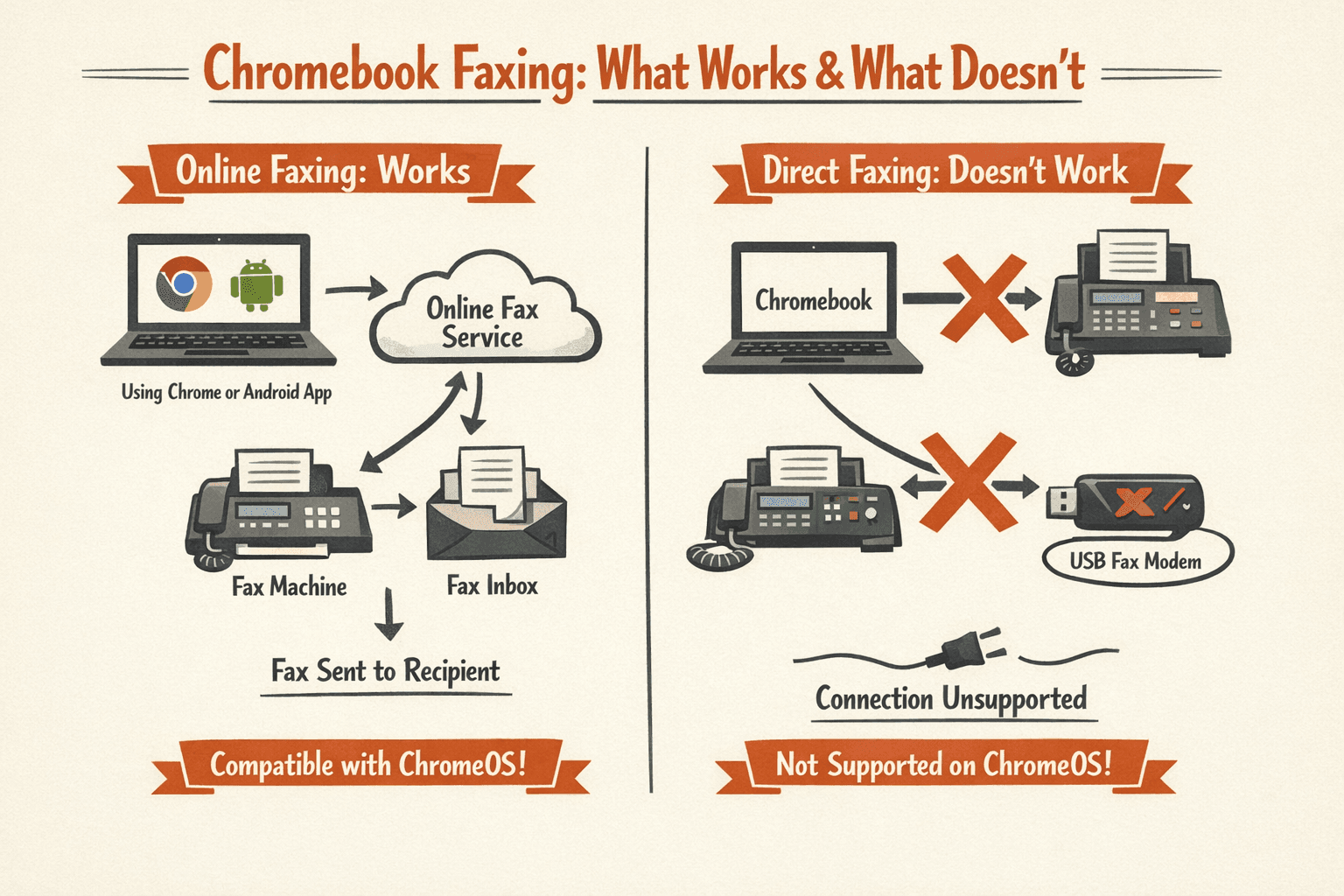 a workflow comparison infographic showing two paths side by side for Chromebook faxing