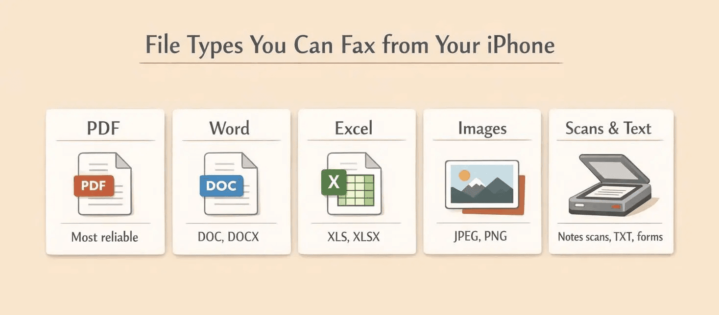 A horizontal category comparison diagram showing file types you can fax from an iPhone, warm editorial infographic style