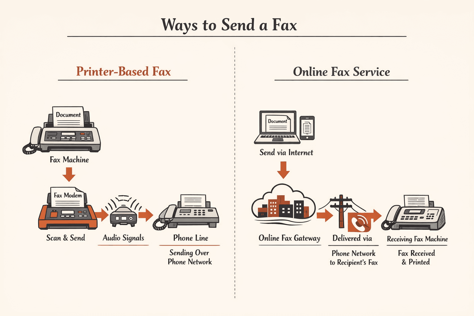 a side-by-side comparison infographic explaining two ways to send a fax: printer-based fax on the left and online fax service on the right