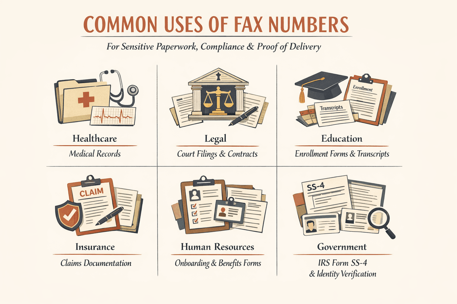 a comparison-style infographic showing six common uses of fax numbers across industries: healthcare for medical records, legal for court filings and contracts, education for enrollment forms and transcripts, insurance for claims documentation, HR for onboarding paperwork and benefits forms, and government for IRS Form SS-4 and identity verification documents