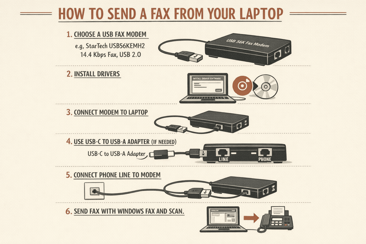A step-by-step hardware setup infographic for sending a fax from a laptop with an external USB modem and phone line