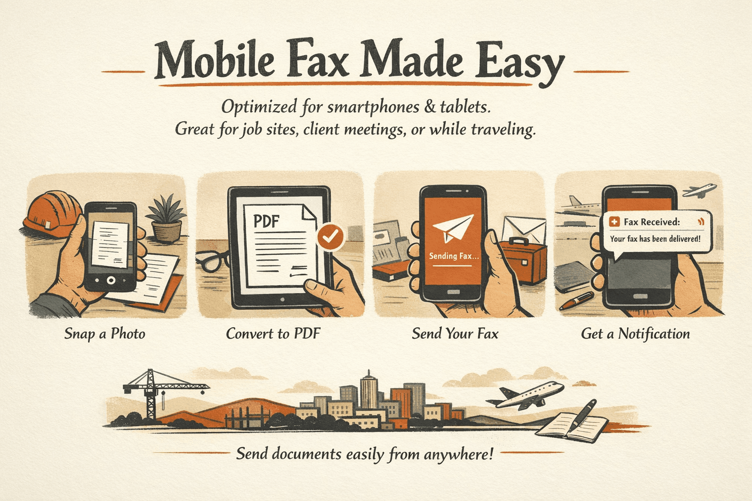a step-by-step infographic showing mobile faxing in four stages from left to right: capturing a paper document with a smartphone camera, converting it into a clean PDF with edge detection and glare removal, sending it through a mobile fax app, and receiving a push notification for an incoming or completed fax