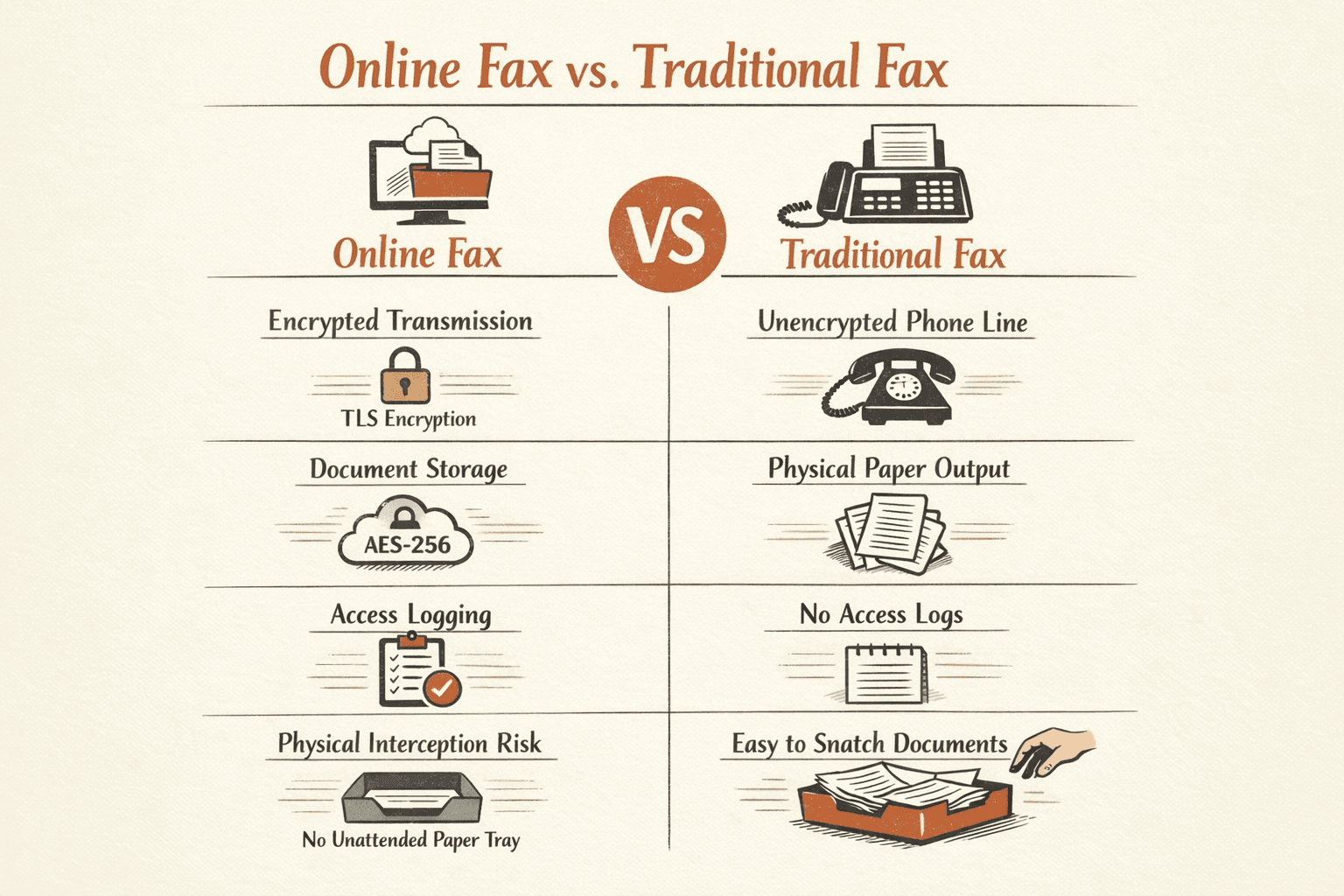 a comparison infographic showing online fax services versus traditional fax machines on four security dimensions: encrypted transmission, document storage, access logging, and physical interception risk