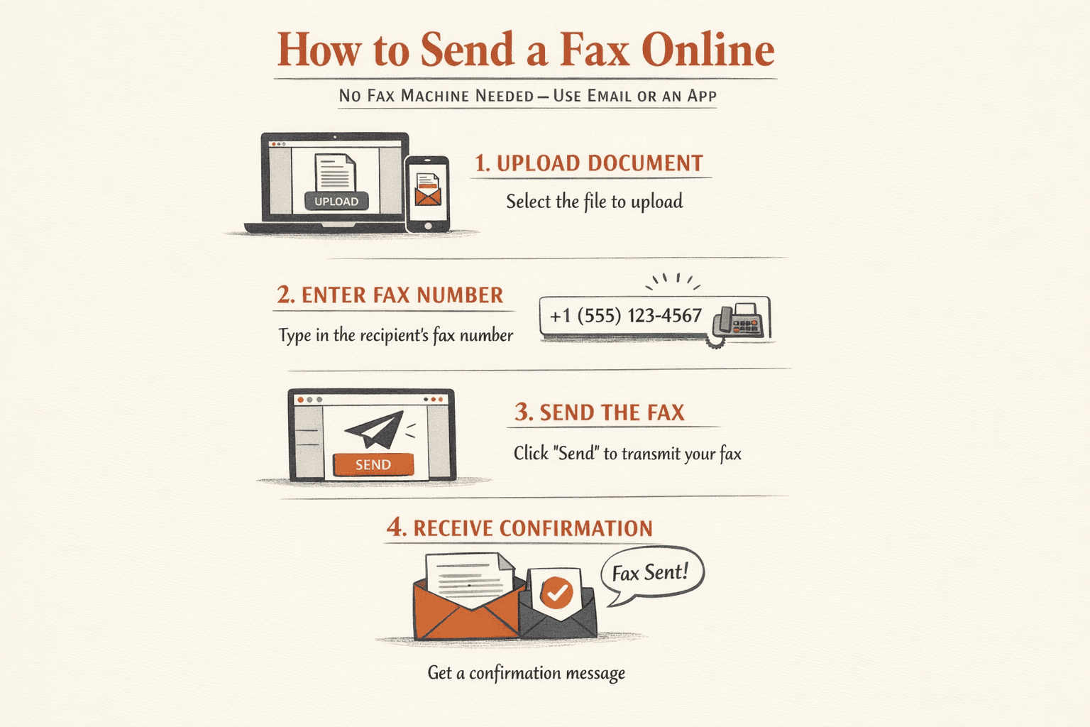 a step-by-step infographic showing how to send a fax using an online fax service in four steps: upload a document, enter the recipient's fax number, send the fax, and receive confirmation
