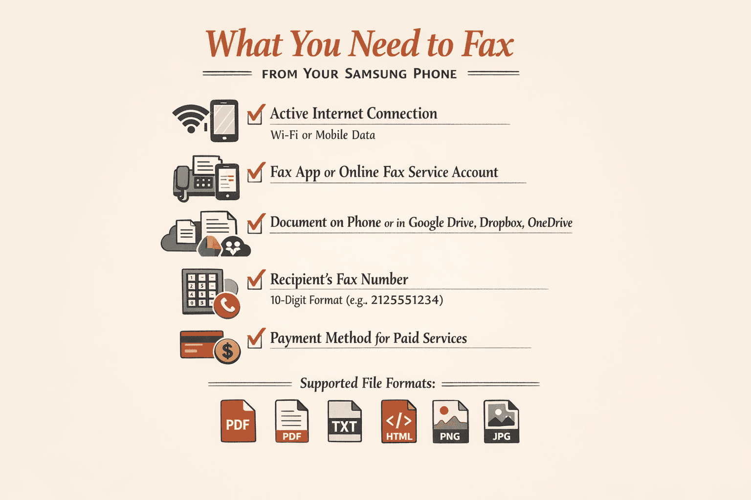 a checklist-style infographic showing everything needed to fax from a Samsung phone