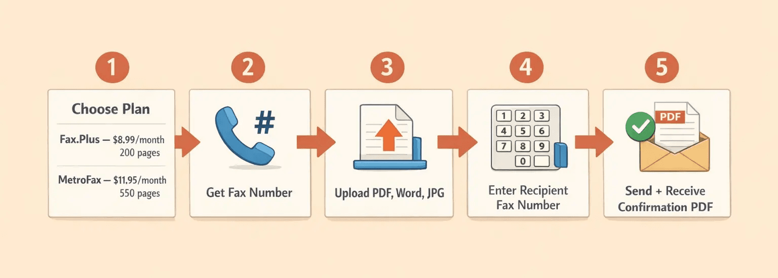 A five-step horizontal illustrated guide for sending a fax with an online fax service, warm editorial instructional style
