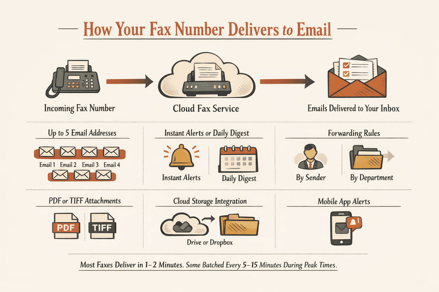 Create a process infographic showing how a fax number delivers incoming faxes to email