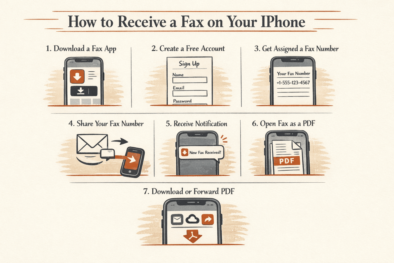 a step-by-step infographic showing how to receive a fax on an iPhone in seven stages: download a fax app, create a free account, get assigned a fax number, share the fax number with senders, receive a push notification when a fax arrives, open the fax in the app as a PDF, and download or forward the PDF to other apps