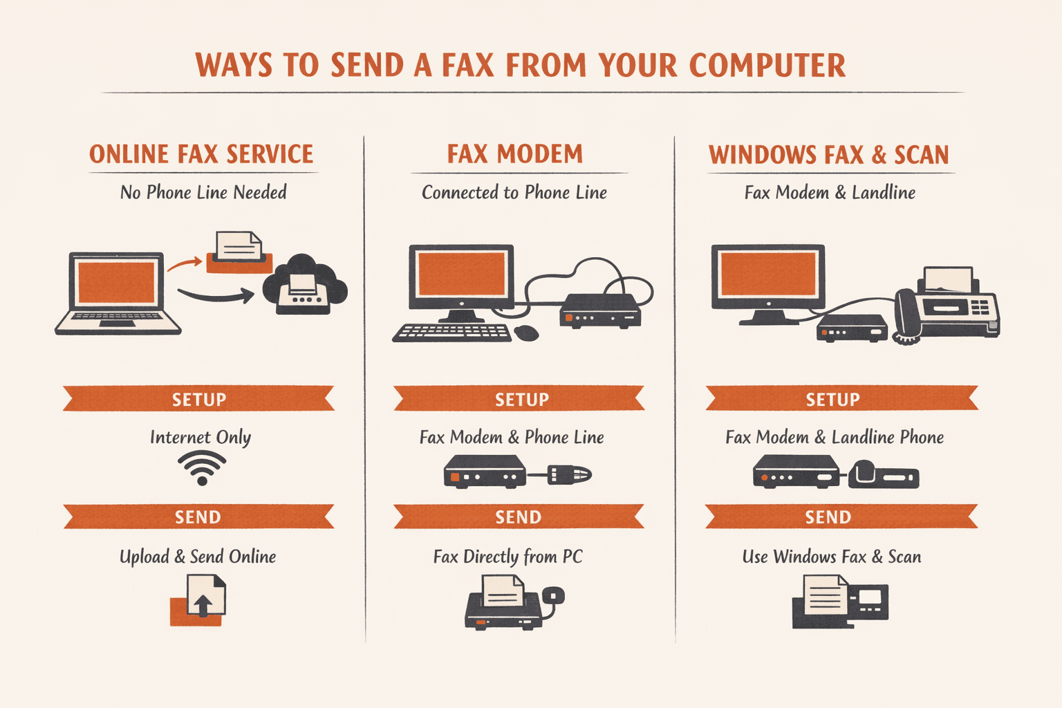 a side-by-side comparison infographic of three ways to send a fax from a computer: online fax service with no phone line or hardware required, fax modem connected to a phone line, and Windows Fax and Scan using a fax modem and landline