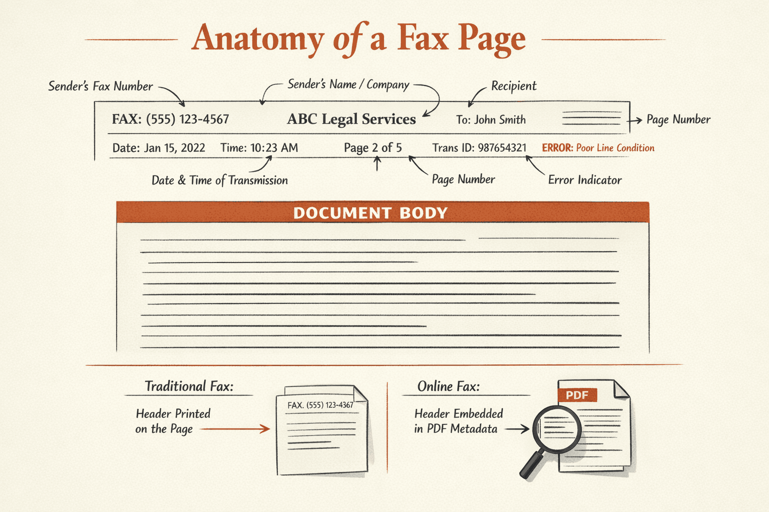 Create an annotated informational graphic showing the anatomy of a fax page, focusing on the fax header at the top and the document body below