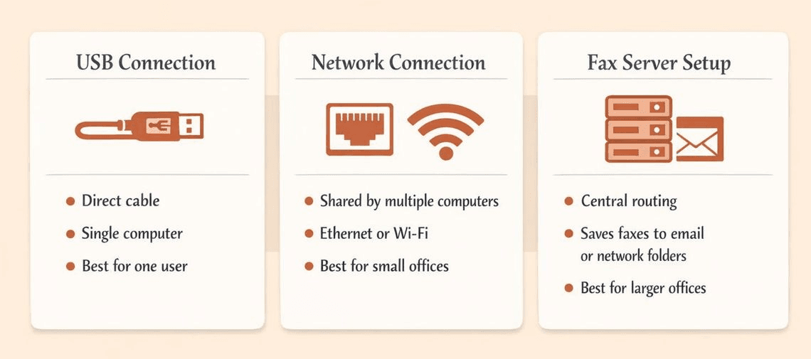 A three-column horizontal comparison diagram showing ways to connect a fax machine to a computer, warm editorial infographic style