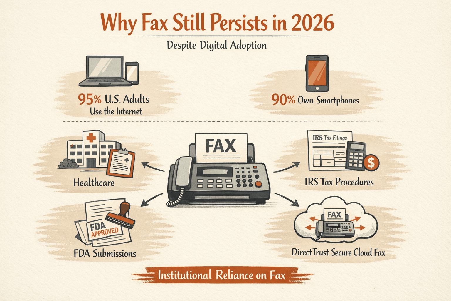 an infographic visualizing why fax still persists in 2026 despite widespread digital adoption