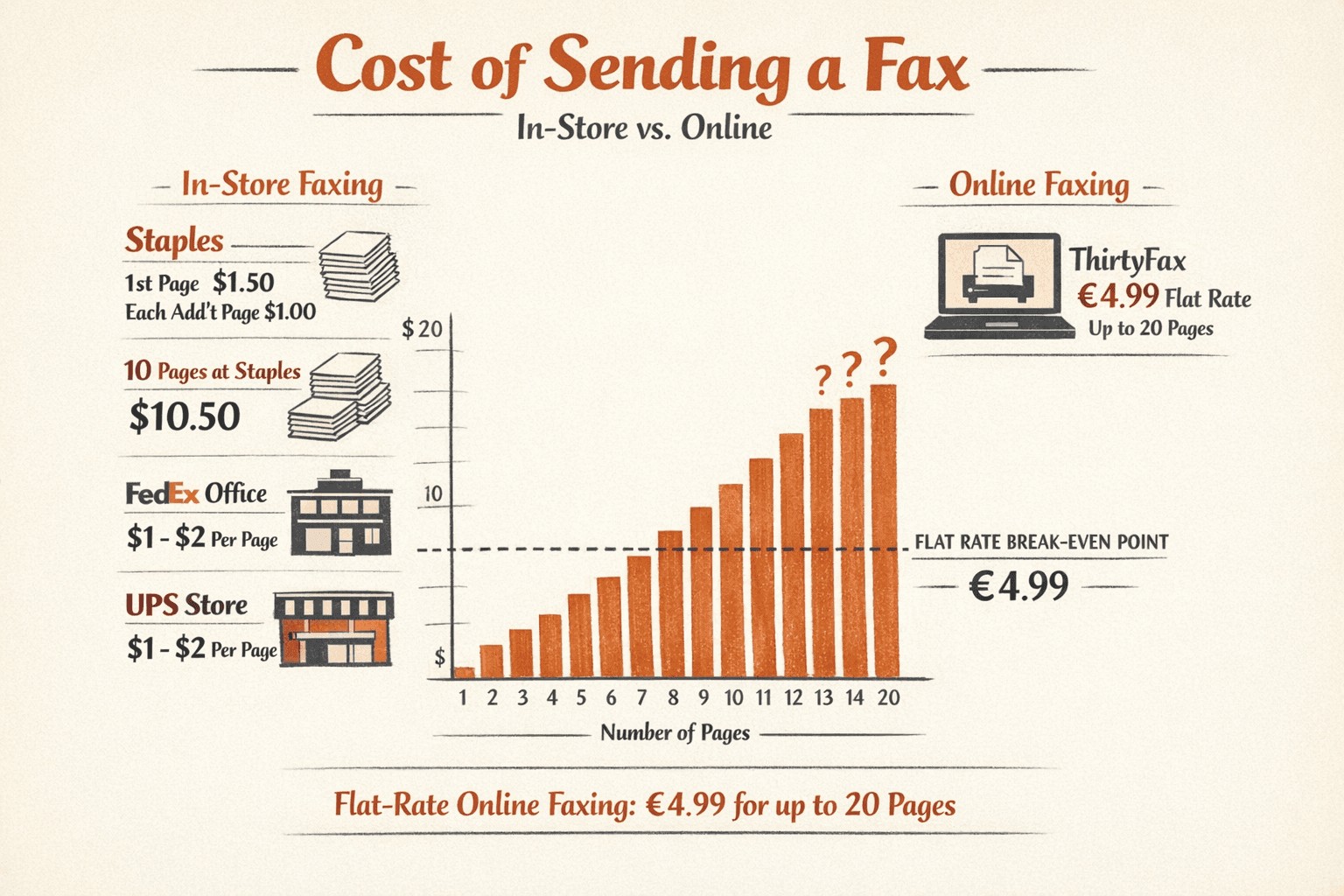 Create an infographic comparing the cost of sending faxes with four options: Staples at about $1.50 for the first page and $1.00 for each additional page, a 10-page fax at Staples costing about $10.50 total, FedEx Office at typically $1 to $2 per page, UPS Store at typically $1 to $2 per page, and ThirtyFax at €4.99 flat for up to 20 pages with no account required
