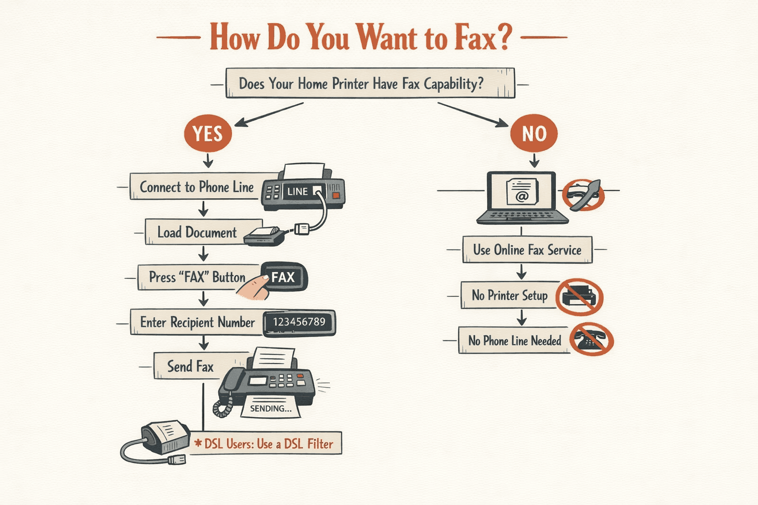 a decision-tree infographic for home users choosing how to fax