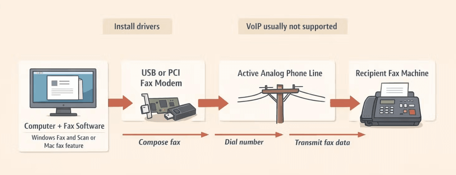 A detailed horizontal workflow diagram showing how fax software sends a fax from a computer, warm editorial infographic style